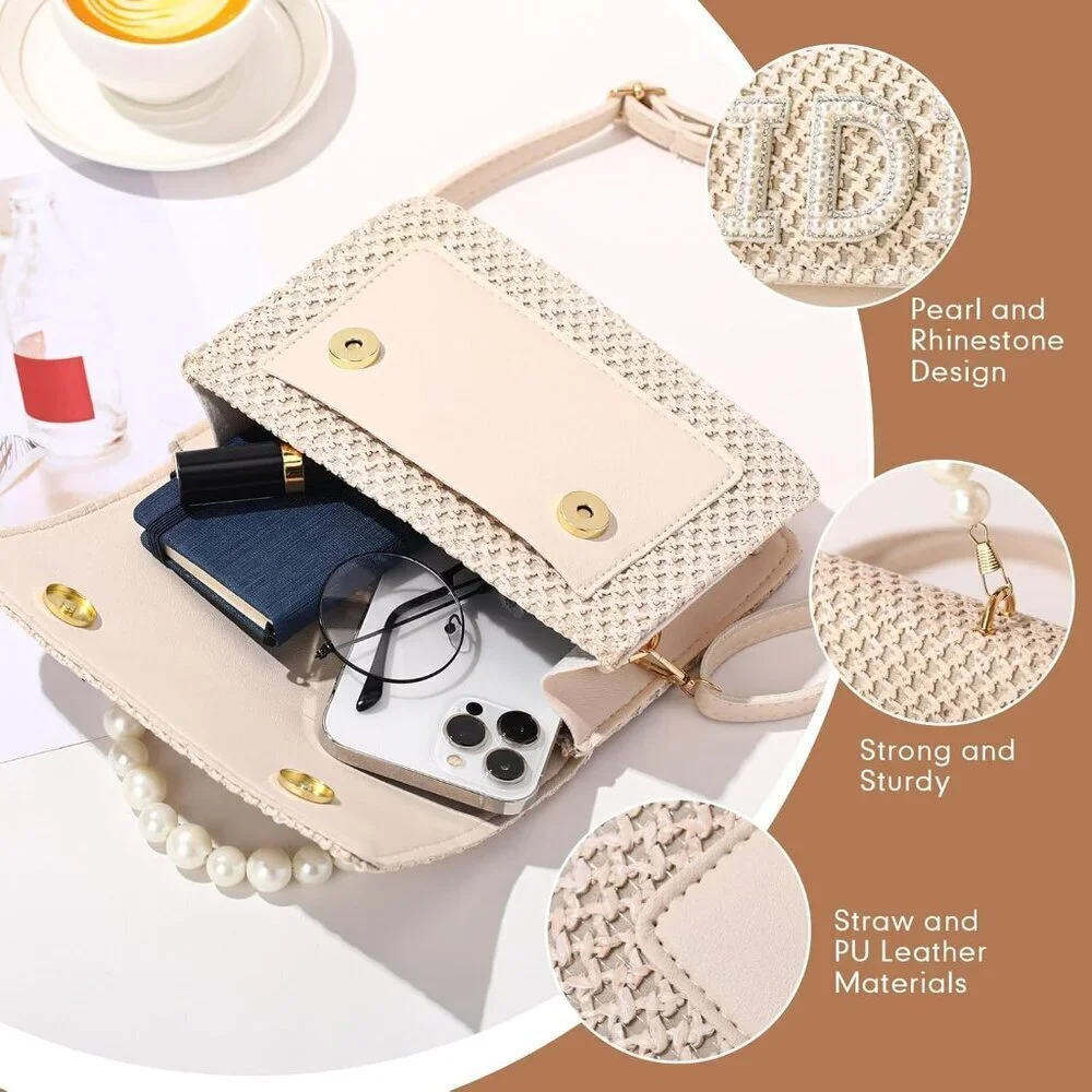 Bride Purse Straw Bag with Pearls Handle Clutch Wedding Bachelorette Gift